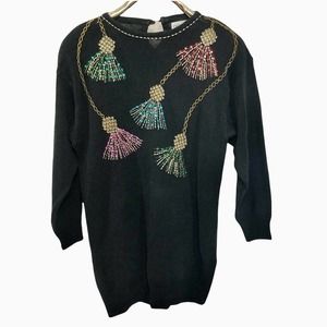 Vintage Celina Yang Holiday Party Sweater Black Knit Sequins Beads Tassels